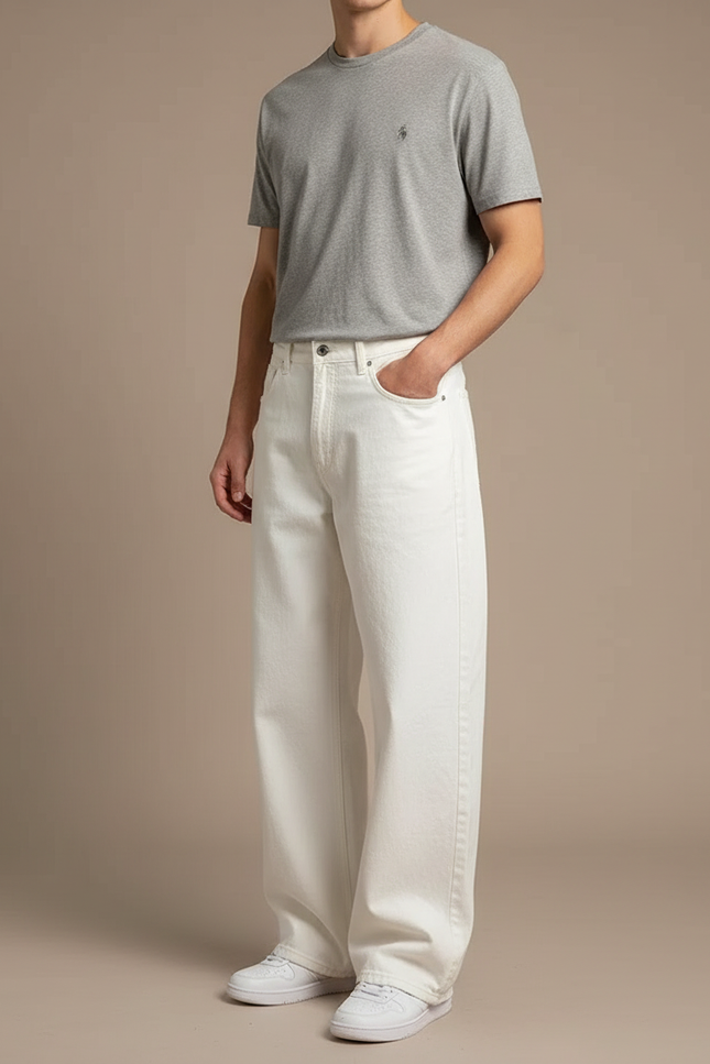 Pantalon Blanc Denim Ample Droit Décontracté Homme - Jean