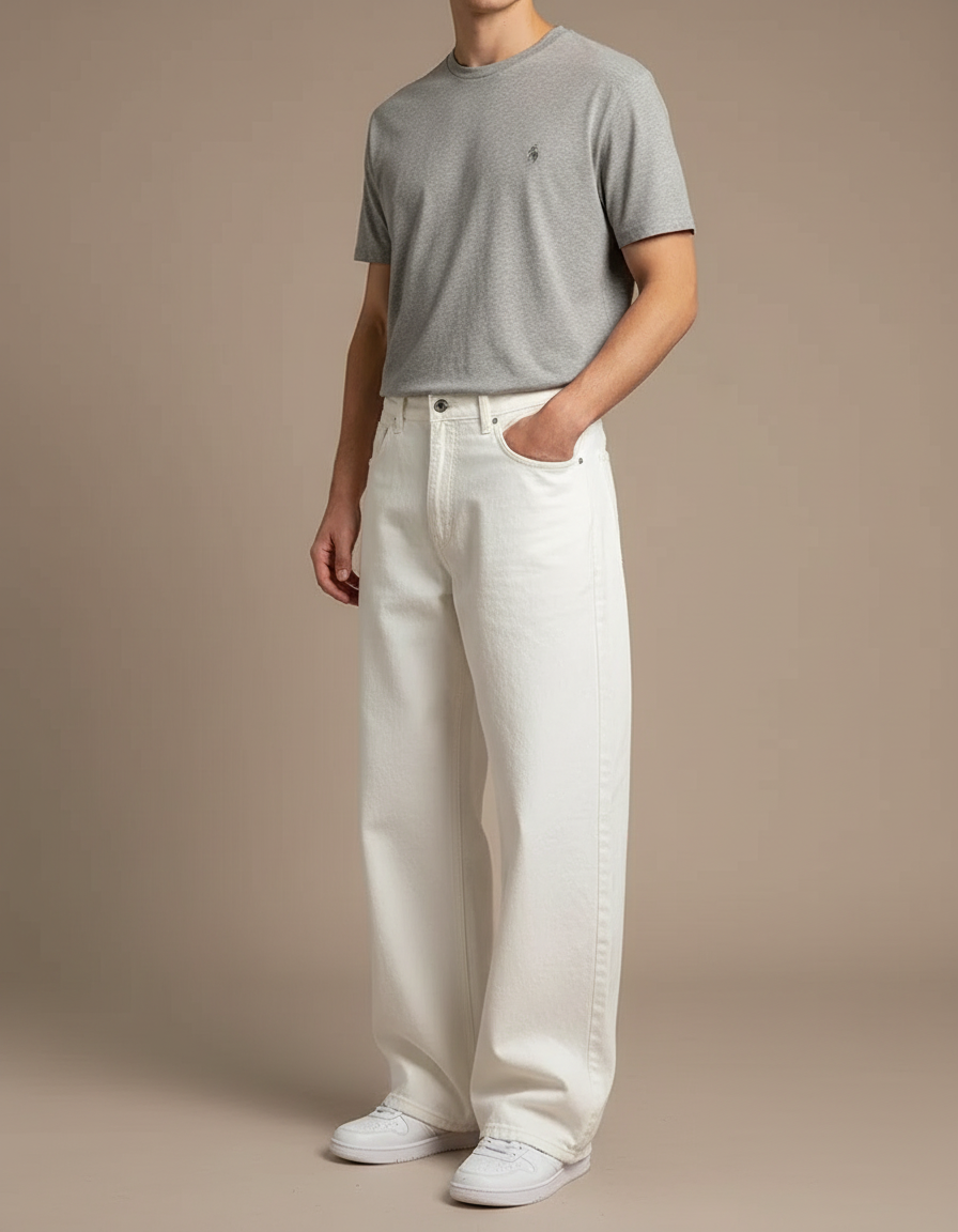 Pantalon Blanc Denim Ample Droit Décontracté Homme - Jean