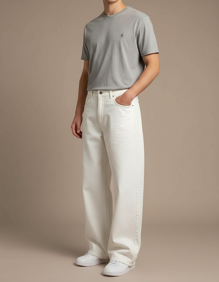 Pantalon Blanc Denim Ample Droit Décontracté Homme - Jean