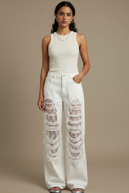 Pantalon Blanc Large Déchiré Dentelle Y2K Femme - Jean