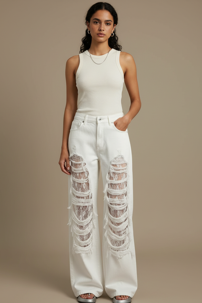 Pantalon Blanc Large Déchiré Dentelle Y2K Femme - Jean