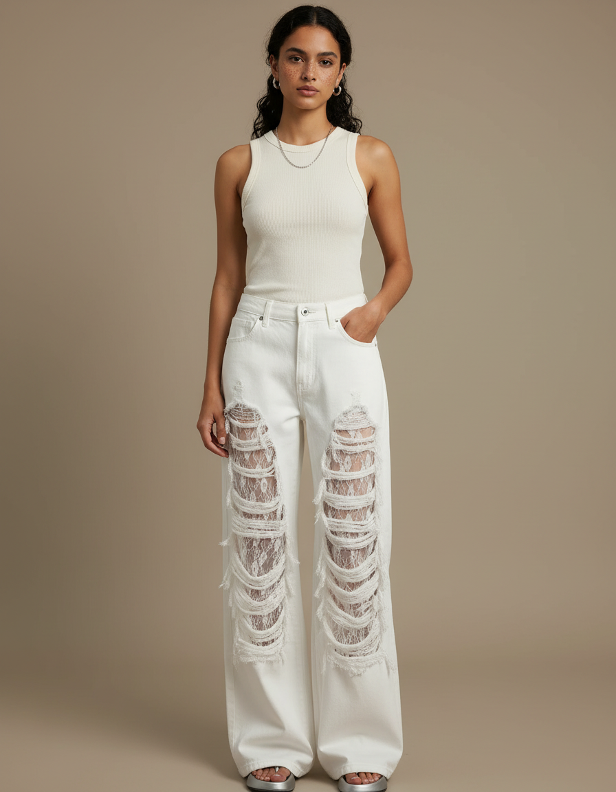 Pantalon Blanc Large Déchiré Dentelle Y2K Femme - Jean