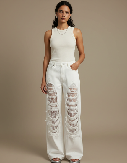 Pantalon Blanc Large Déchiré Dentelle Y2K Femme - Jean