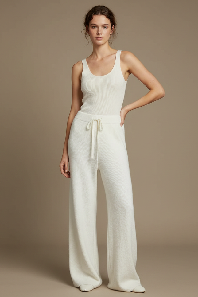 Pantalon Blanc Tricoté Ample Taille Haute Fluide Confortable - Maille