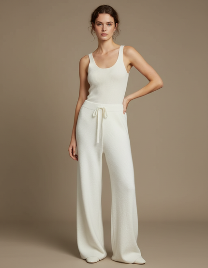 Pantalon Blanc Tricoté Ample Taille Haute Fluide Confortable - Maille