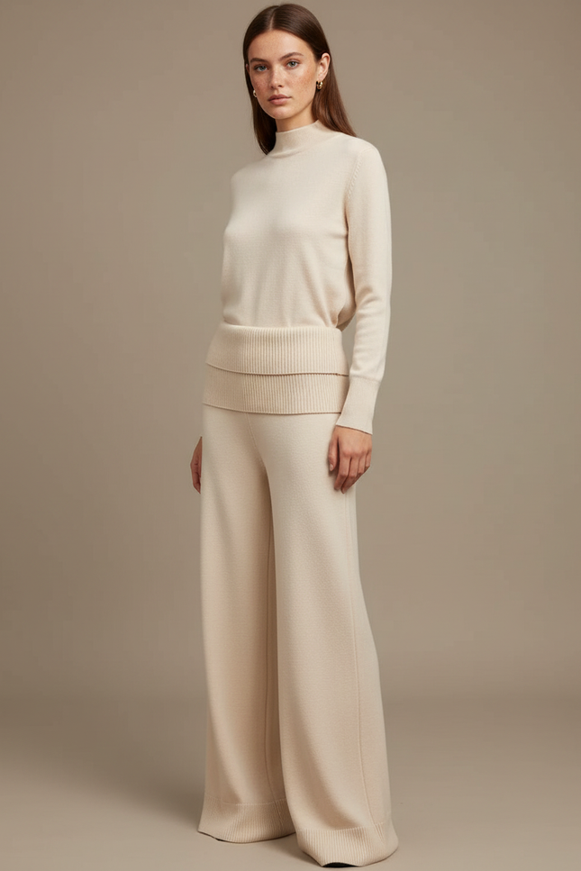 Pantalon Blanc Tricoté Ample Confortable Femme - Beige Maille
