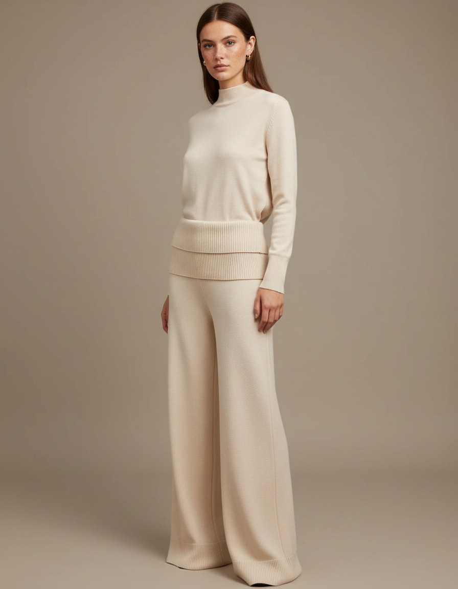 Pantalon Blanc Tricoté Ample Confortable Femme - Beige Maille