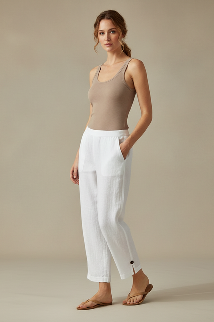 Pantalon Blanc Fendu Femme - Lin