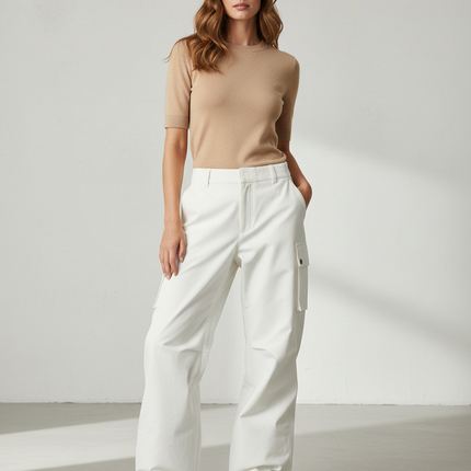 Pantalon Blanc Cargo Fluide Décontracté Femme - Toile