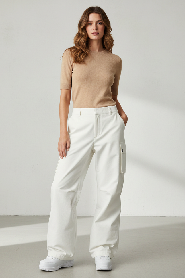 Pantalon Blanc Cargo Fluide Décontracté Femme - Toile