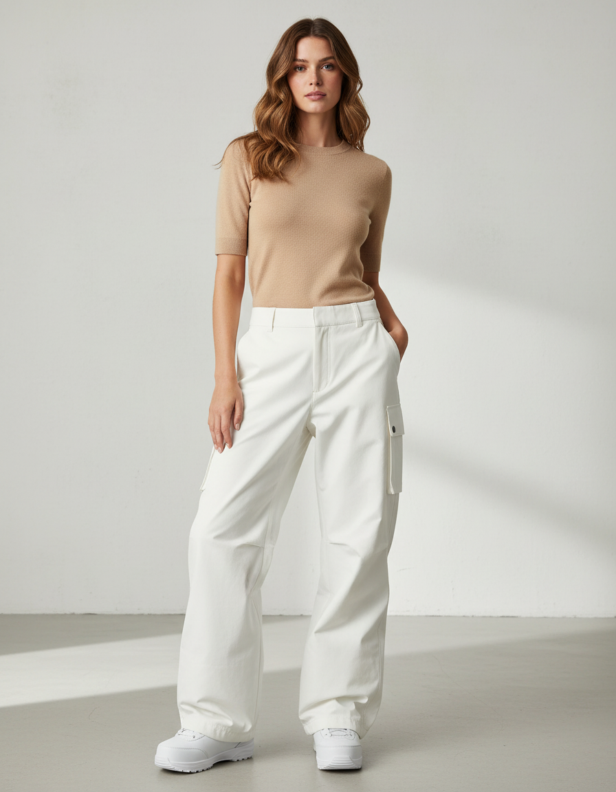 Pantalon Blanc Cargo Fluide Décontracté Femme - Toile