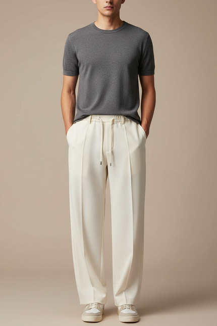 Pantalon Blanc Ample Décontracté Homme Cordon - Gabardine