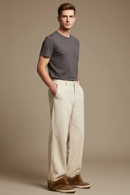 Pantalon Blanc Côtelé Ample Homme Décontracté - Beige Cordé