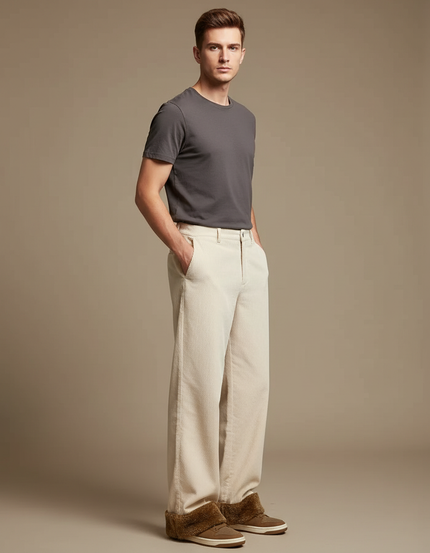 Pantalon Blanc Côtelé Ample Homme Décontracté - Beige Cordé