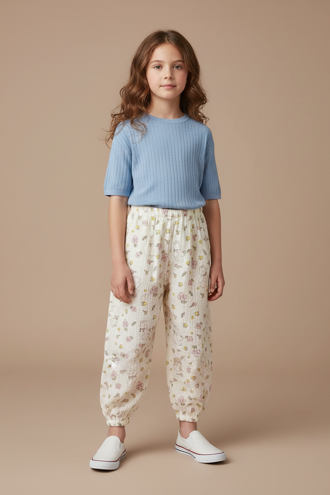 Pantalon Blanc Fluide Ample Motif Floral Mignon - Coton