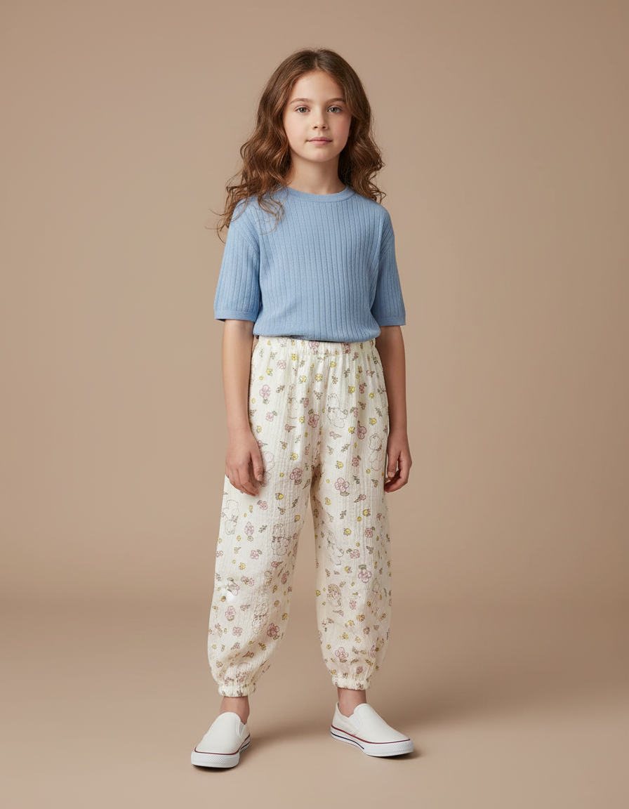 Pantalon Blanc Fluide Ample Motif Floral Mignon - Coton