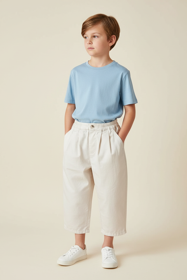 Pantalon Blanc Coton Ample Plissé Enfant Décontracté - Beige