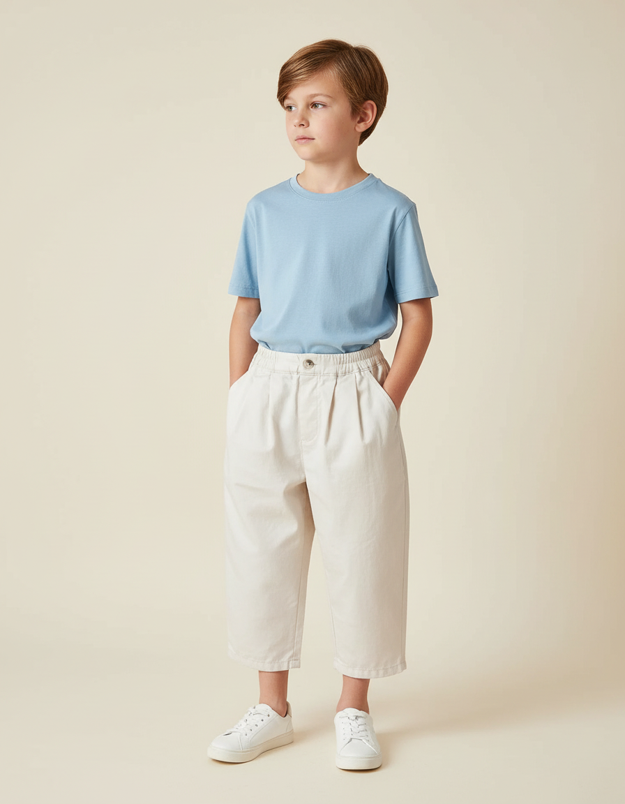 Pantalon Blanc Coton Ample Plissé Enfant Décontracté - Beige
