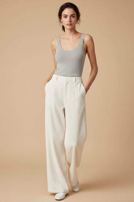 Pantalon Blanc Velours Femme - Cordé