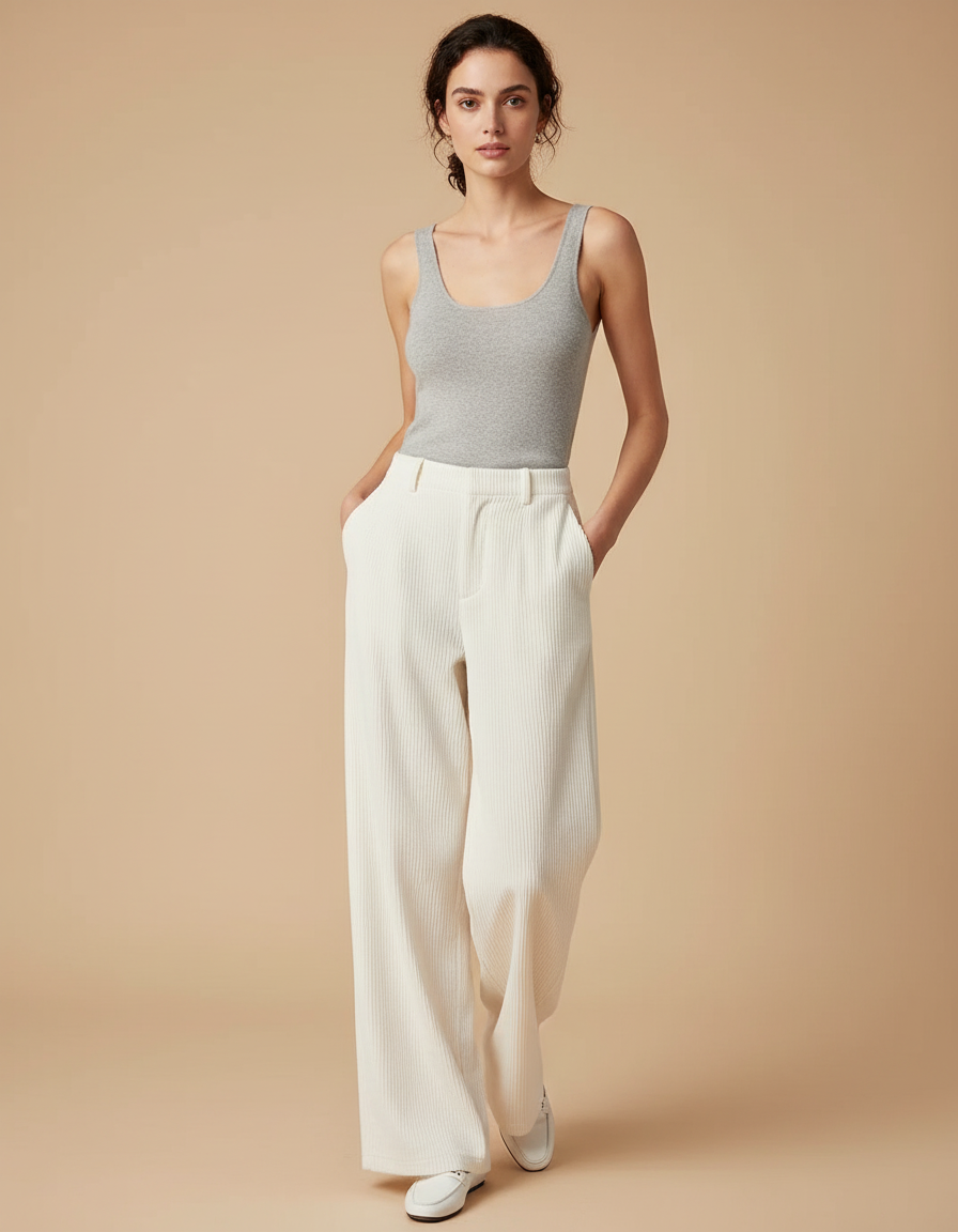 Pantalon Blanc Velours Femme - Cordé