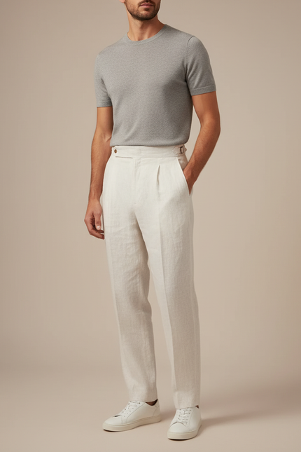 Pantalon Blanc Lin Plissé Droit Élégant Homme