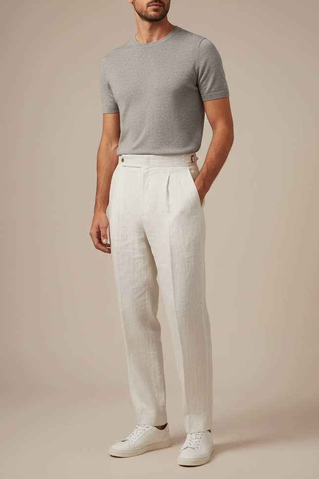 Pantalon Blanc Lin Plissé Droit Élégant Homme