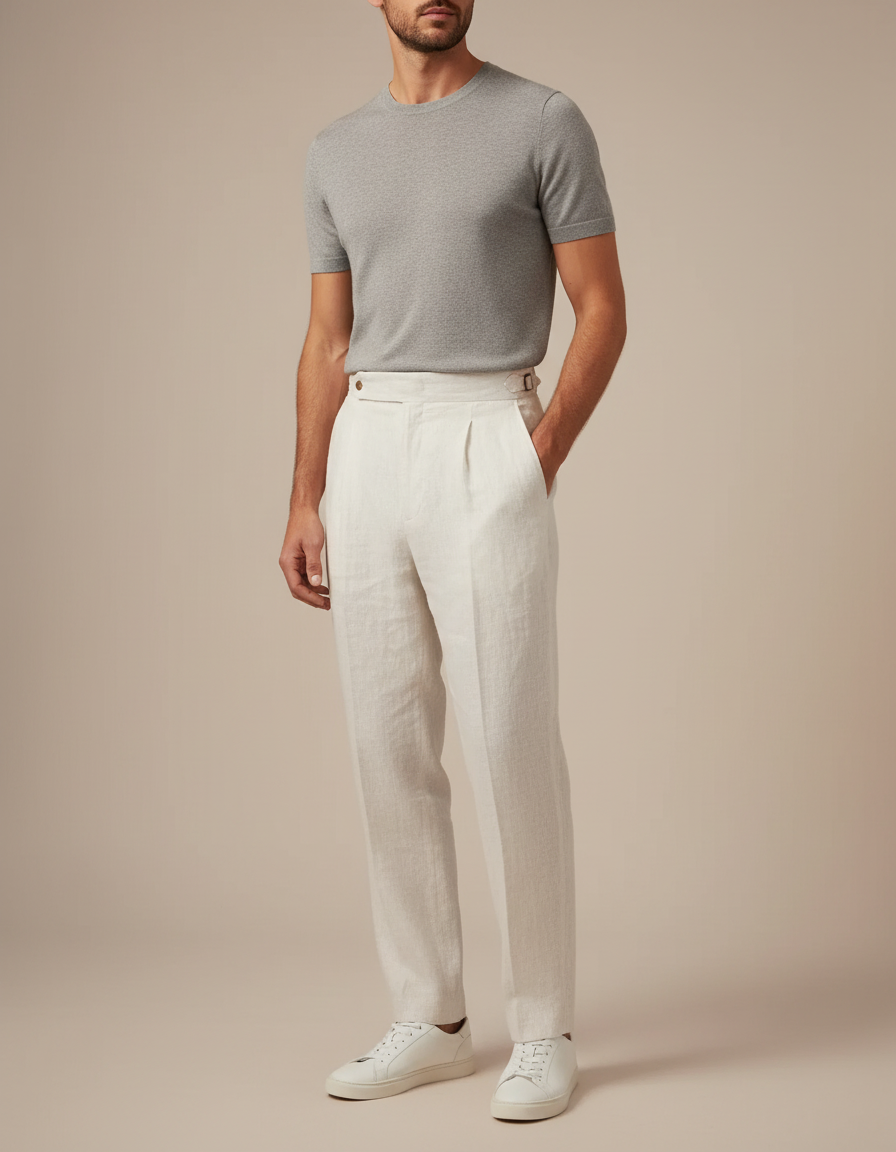 Pantalon Blanc Lin Plissé Droit Élégant Homme