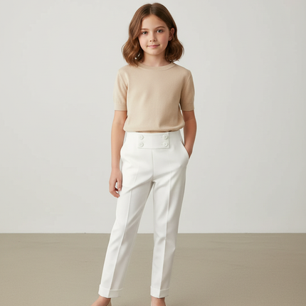 Pantalon Blanc Droit Boutons Taille Haute Élégant - Gabardine