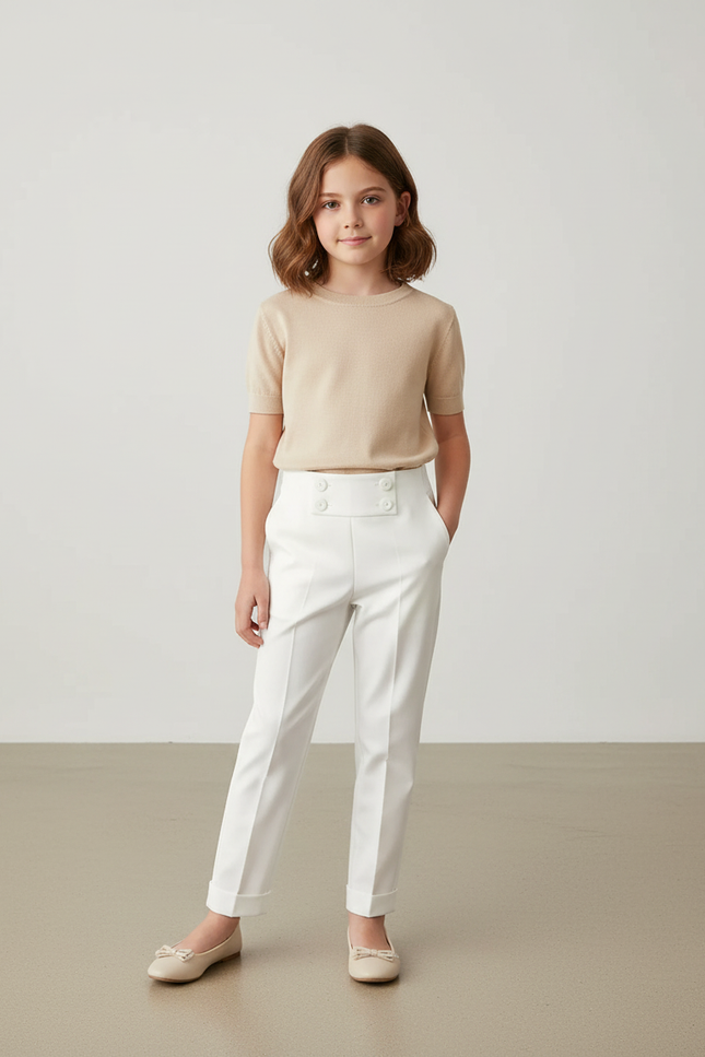 Pantalon Blanc Droit Boutons Taille Haute Élégant - Gabardine
