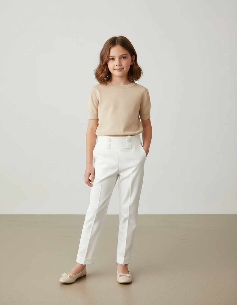 Pantalon Blanc Droit Boutons Taille Haute Élégant - Gabardine