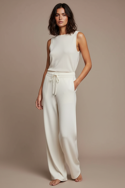 Pantalon Blanc Tricoté Ample Taille Haute Fluide - Maille