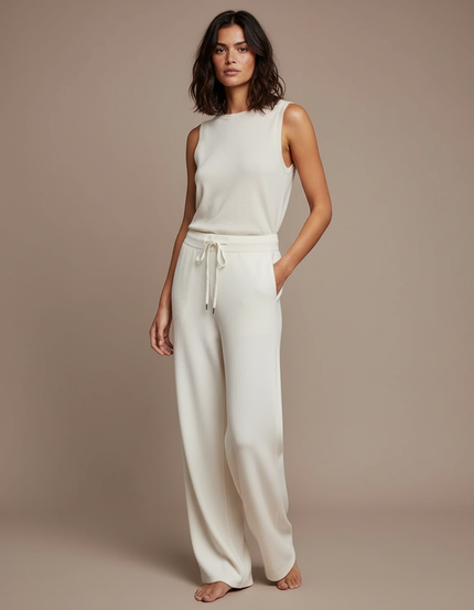 Pantalon Blanc Tricoté Ample Taille Haute Fluide - Maille