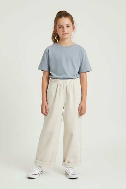 Pantalon Blanc Côtelé Ample Droit Enfant Décontracté - Beige Cordé