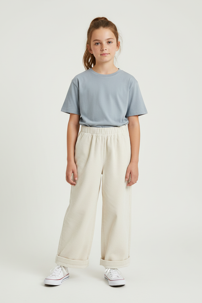 Pantalon Blanc Côtelé Ample Droit Enfant Décontracté - Beige Cordé