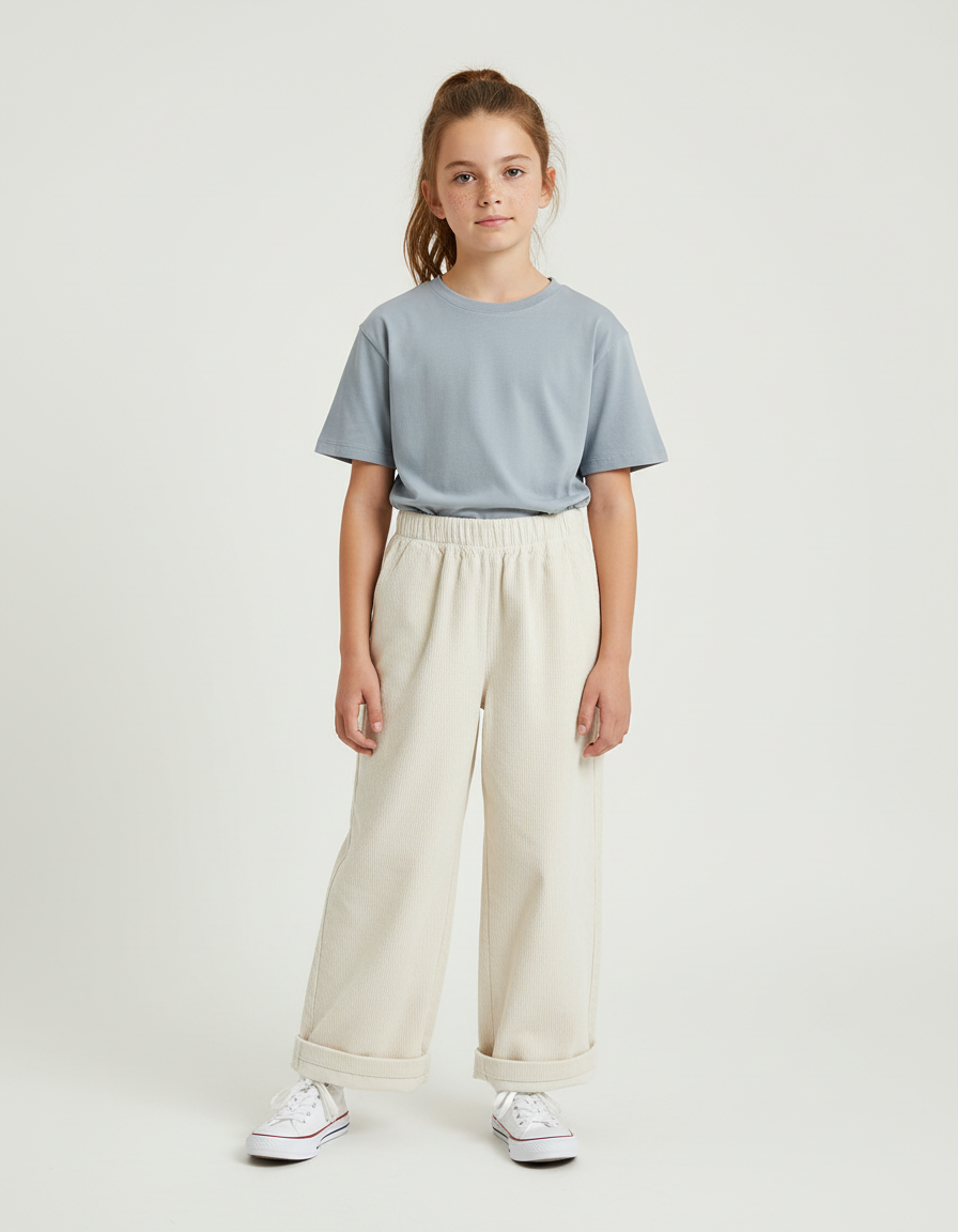 Pantalon Blanc Côtelé Ample Droit Enfant Décontracté - Beige Cordé