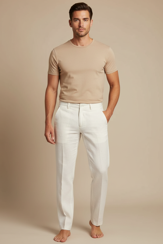 Pantalon Blanc Homme Lin Droit Décontracté Élégant
