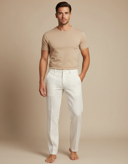 Pantalon Blanc Homme Lin Droit Décontracté Élégant