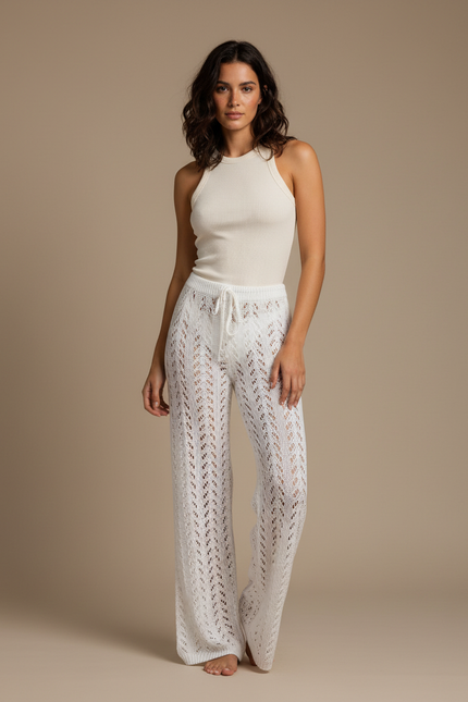 Pantalon Blanc Crochet Évasé Taille Haute Estival - Maille