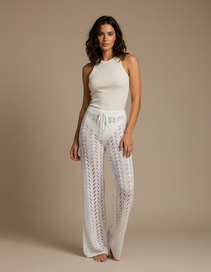 Pantalon Blanc Crochet Évasé Taille Haute Estival - Maille