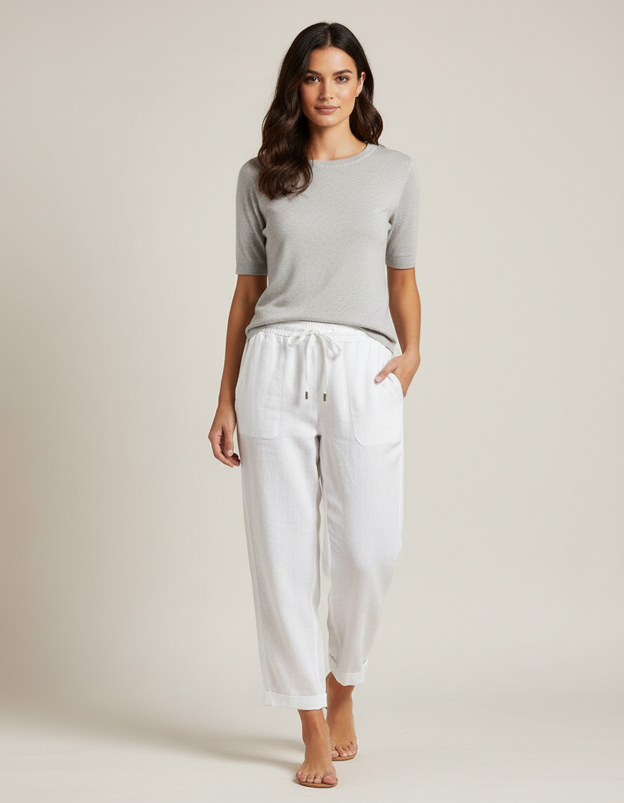 Pantalon Blanc Fluide Ample Décontracté Lin