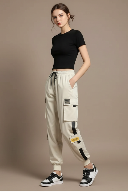 Pantalon Blanc Cargo Femme Taille Haute Décontracté - Beige Polyester