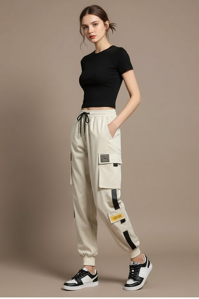 Pantalon Blanc Cargo Femme Taille Haute Décontracté - Beige Polyester