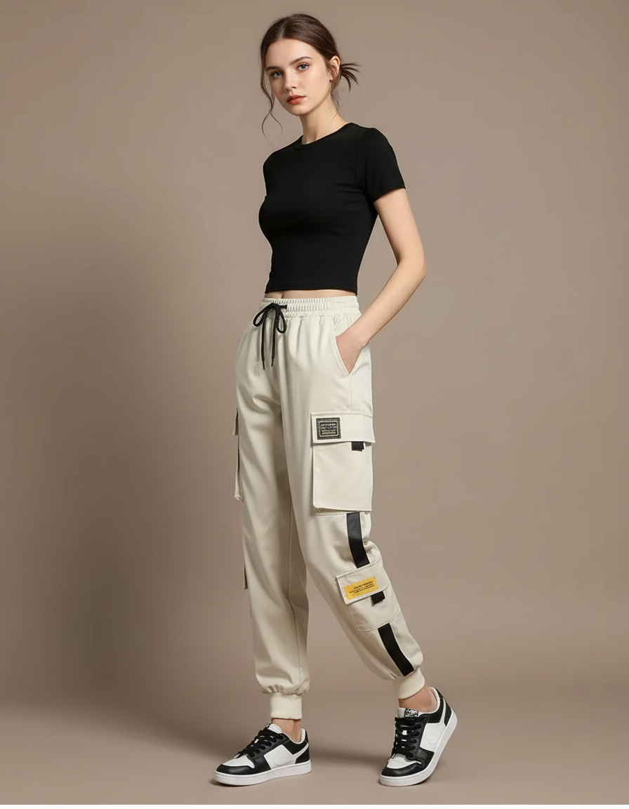 Pantalon Blanc Cargo Femme Taille Haute Décontracté - Beige Polyester