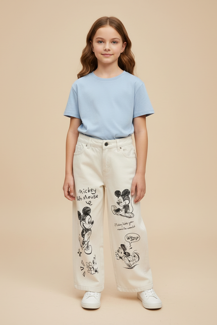 Pantalon Blanc Ample Mickey Décontracté Enfant Coton - Beige Jean