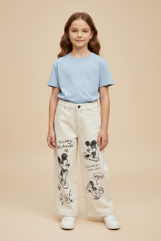 Pantalon Blanc Ample Mickey Décontracté Enfant Coton - Beige Jean