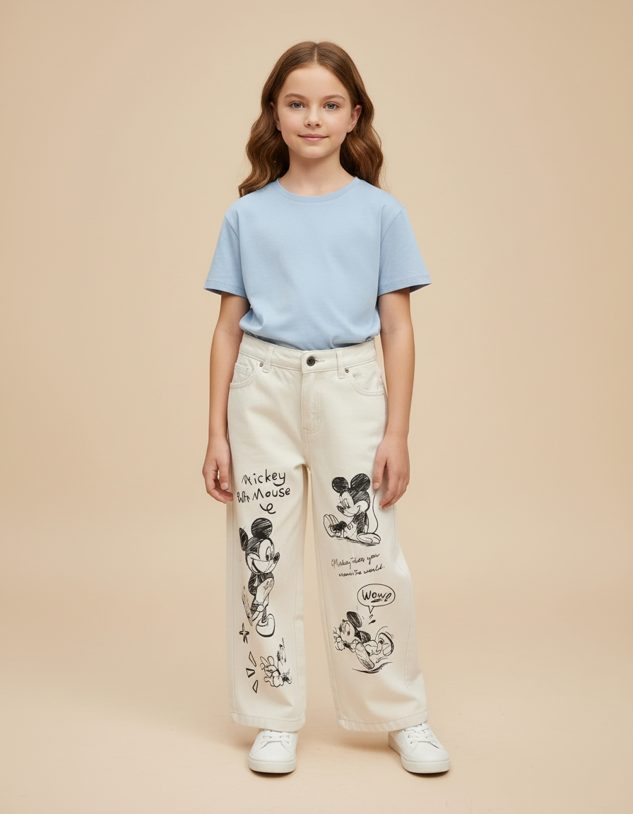 Pantalon Blanc Ample Mickey Décontracté Enfant Coton - Beige Jean