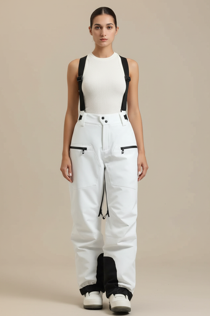 Pantalon Blanc Ski Imperméable Bretelles Unisexe Hiver - Polyester
