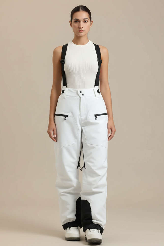 Pantalon Blanc Ski Imperméable Bretelles Unisexe Hiver - Polyester