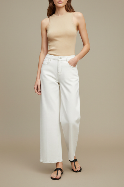 Pantalon Blanc Droit Ample Taille Haute Femme - Jean