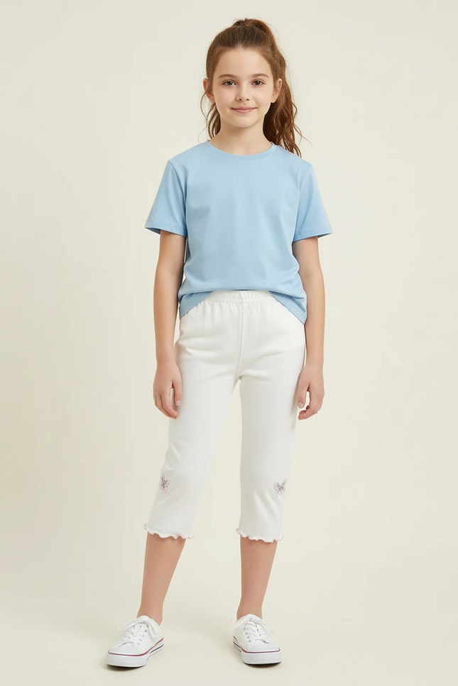 Pantalon Blanc Coton Capris Fille Papillons Ondulé